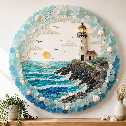 ⏳ Last Day 49% OFF – 🌊✨ Lighthouse Sea Glass Art | Coastal Ocean Wall Décor with Lighthouse, Waves & Seashell Details 🐚🏠