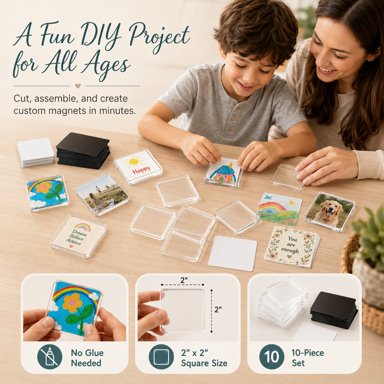 🔥 Hot Sale | 10 Pack 2"x2" Clear Acrylic DIY Fridge Magnets Set with Adhesive Backing