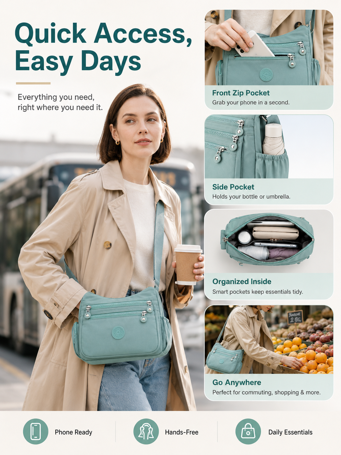 💖 Everyday Favorite Nylon Crossbody Bag with Multi-Pocket Storage