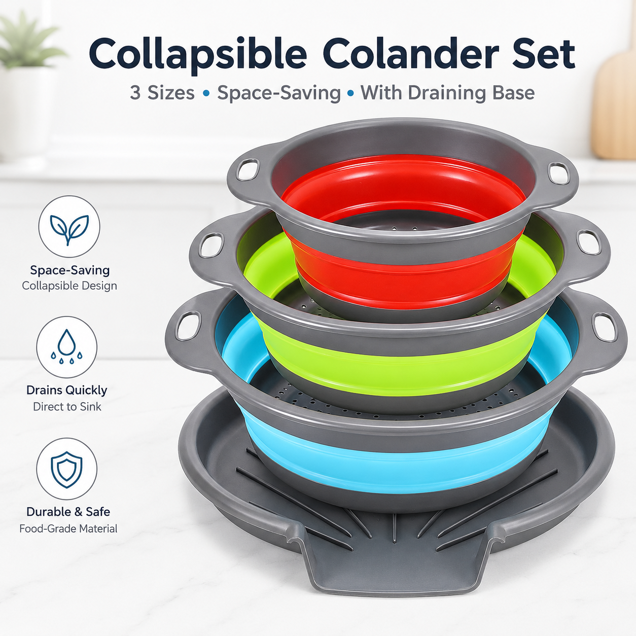 💧 3-Piece Collapsible Colander Set – Space-Saving Strainers with Draining Base