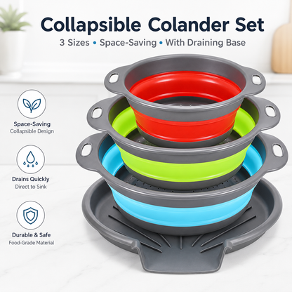 💧 3-Piece Collapsible Colander Set – Space-Saving Strainers with Draining Base