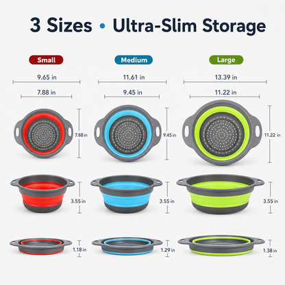 💧 3-Piece Collapsible Colander Set – Space-Saving Strainers with Draining Base