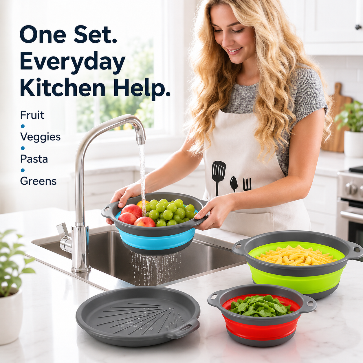💧 3-Piece Collapsible Colander Set – Space-Saving Strainers with Draining Base