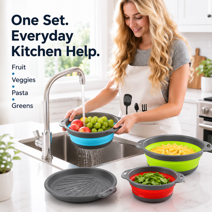 💧 3-Piece Collapsible Colander Set – Space-Saving Strainers with Draining Base