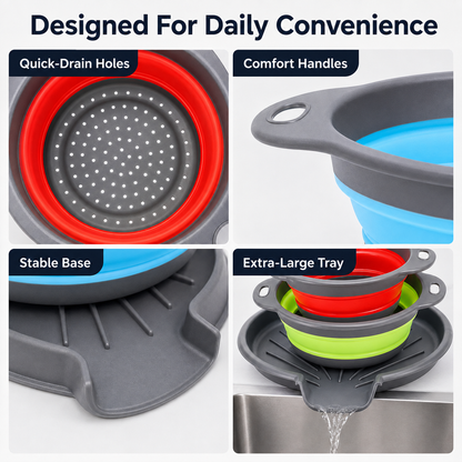 💧 3-Piece Collapsible Colander Set – Space-Saving Strainers with Draining Base