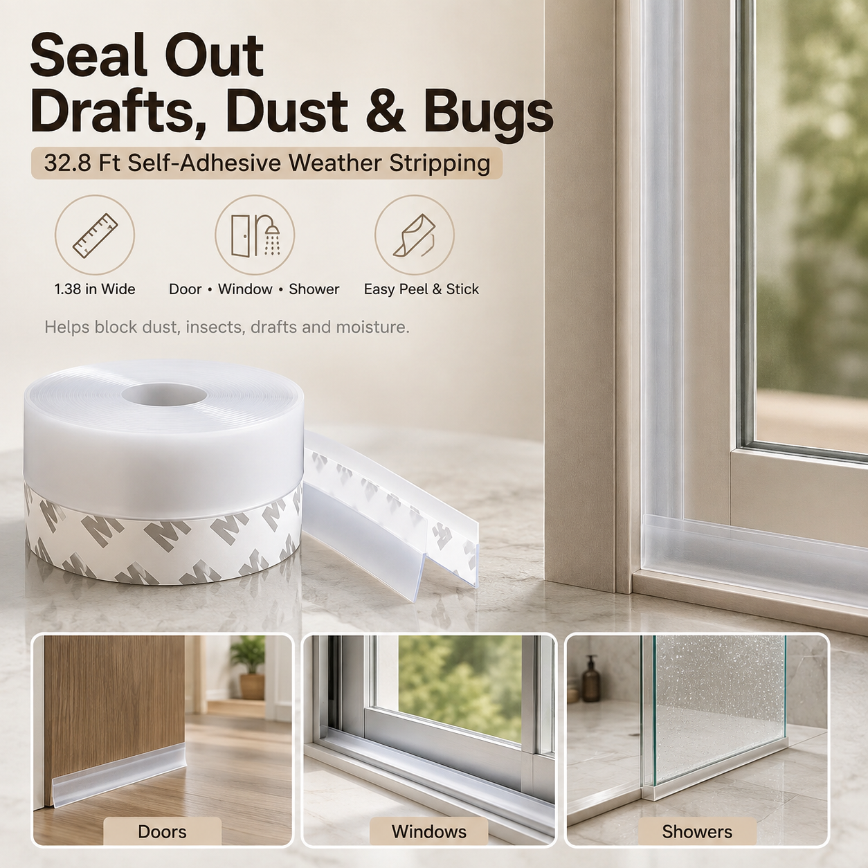 🚪 Adhesive Weather Stripping Tape , Draft Stopper for Doors & Windows, Shower Sealing
