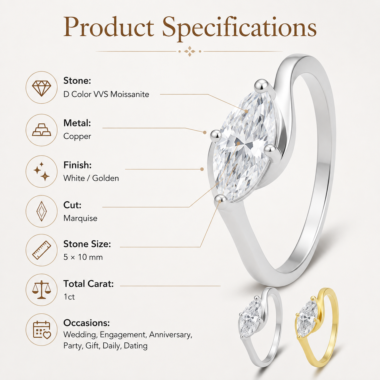 💍  Marquise Moissanite Ring – Silver-Plated Solitaire Gift