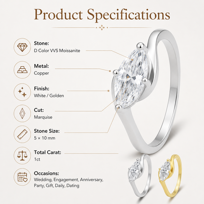 💍  Marquise Moissanite Ring – Silver-Plated Solitaire Gift