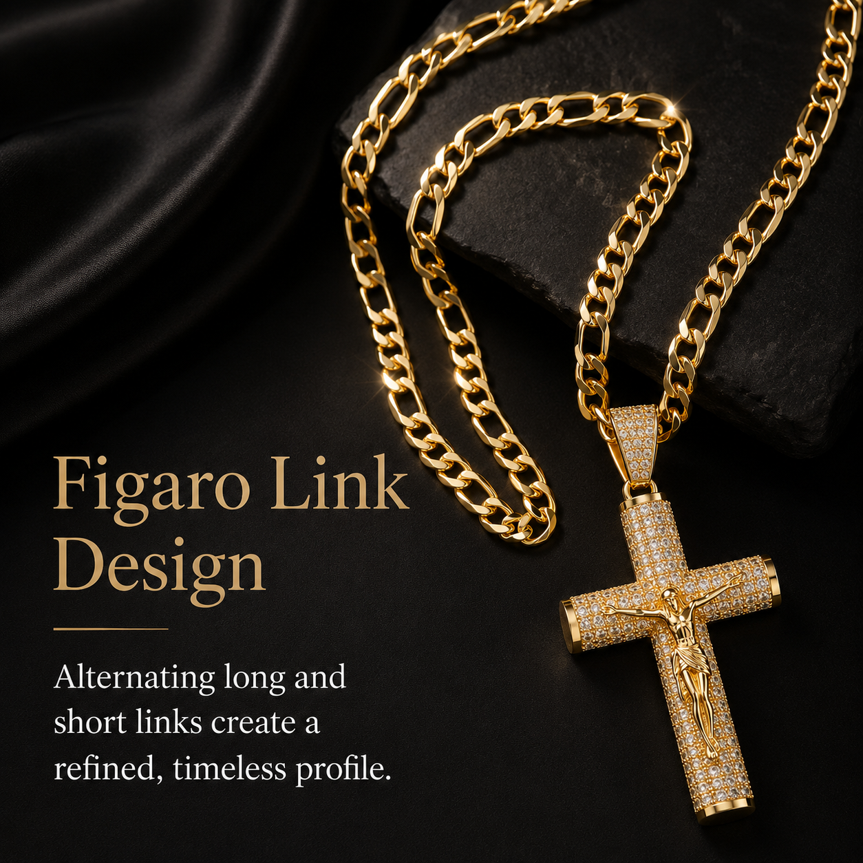 ✨ Gold-Plated Cuban Figaro Cross Necklace – 24" Miami Crucifix, Handcrafted Polished, Perfect Father's Day Gift