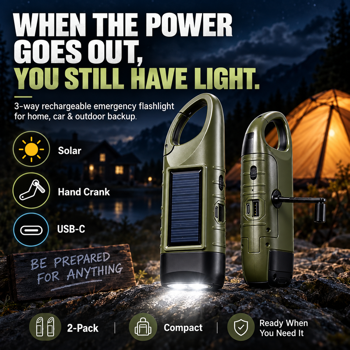 Solar Hand Crank Emergency Flashlights – USB-C Rechargeable Outdoor Lights
