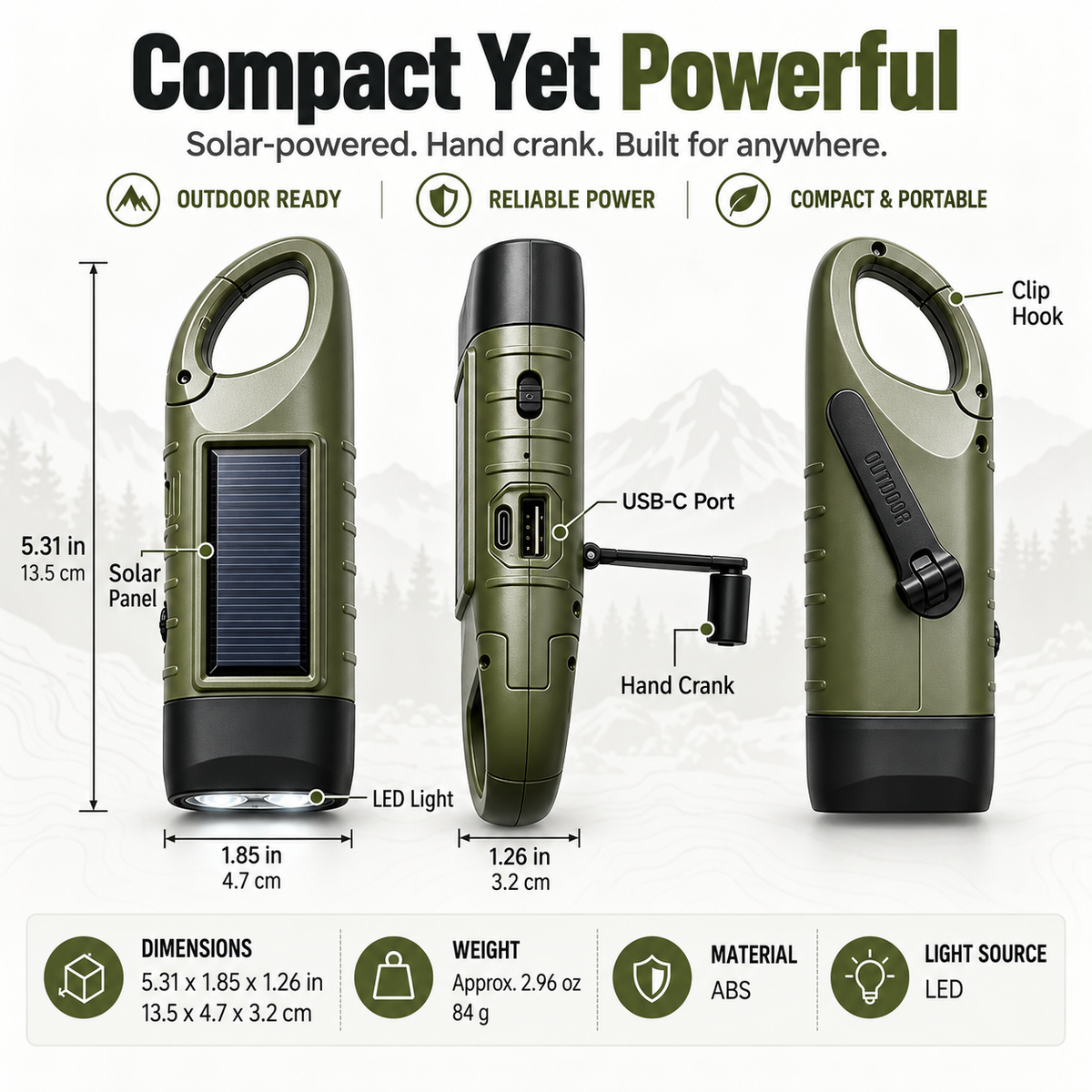Solar Hand Crank Emergency Flashlights – USB-C Rechargeable Outdoor Lights