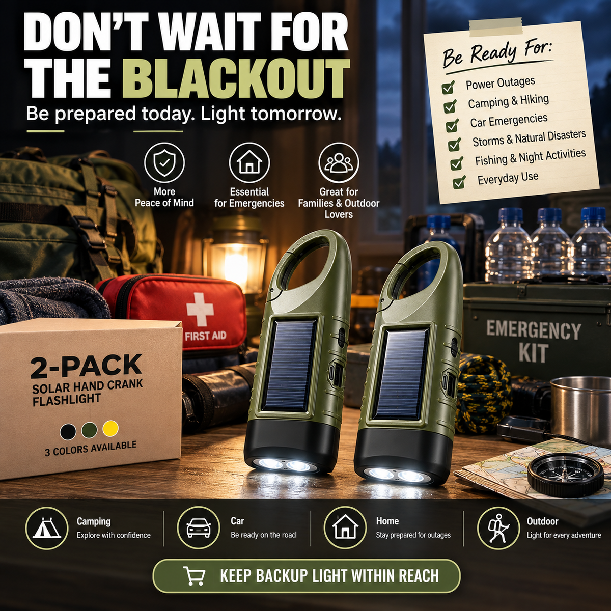 Solar Hand Crank Emergency Flashlights – USB-C Rechargeable Outdoor Lights