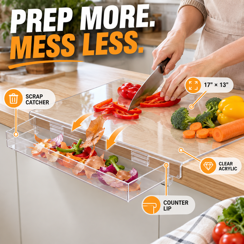 🔪 Acrylic Cutting Board✨ Built-In Waste Container & Counter Lip