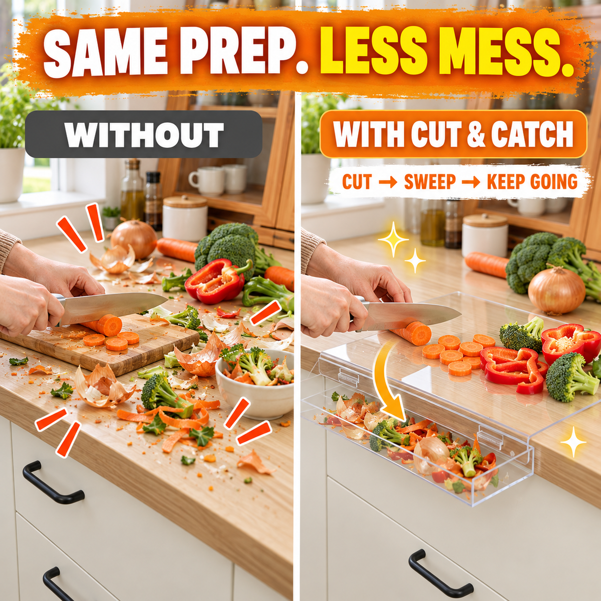 🔪 Acrylic Cutting Board✨ Built-In Waste Container & Counter Lip