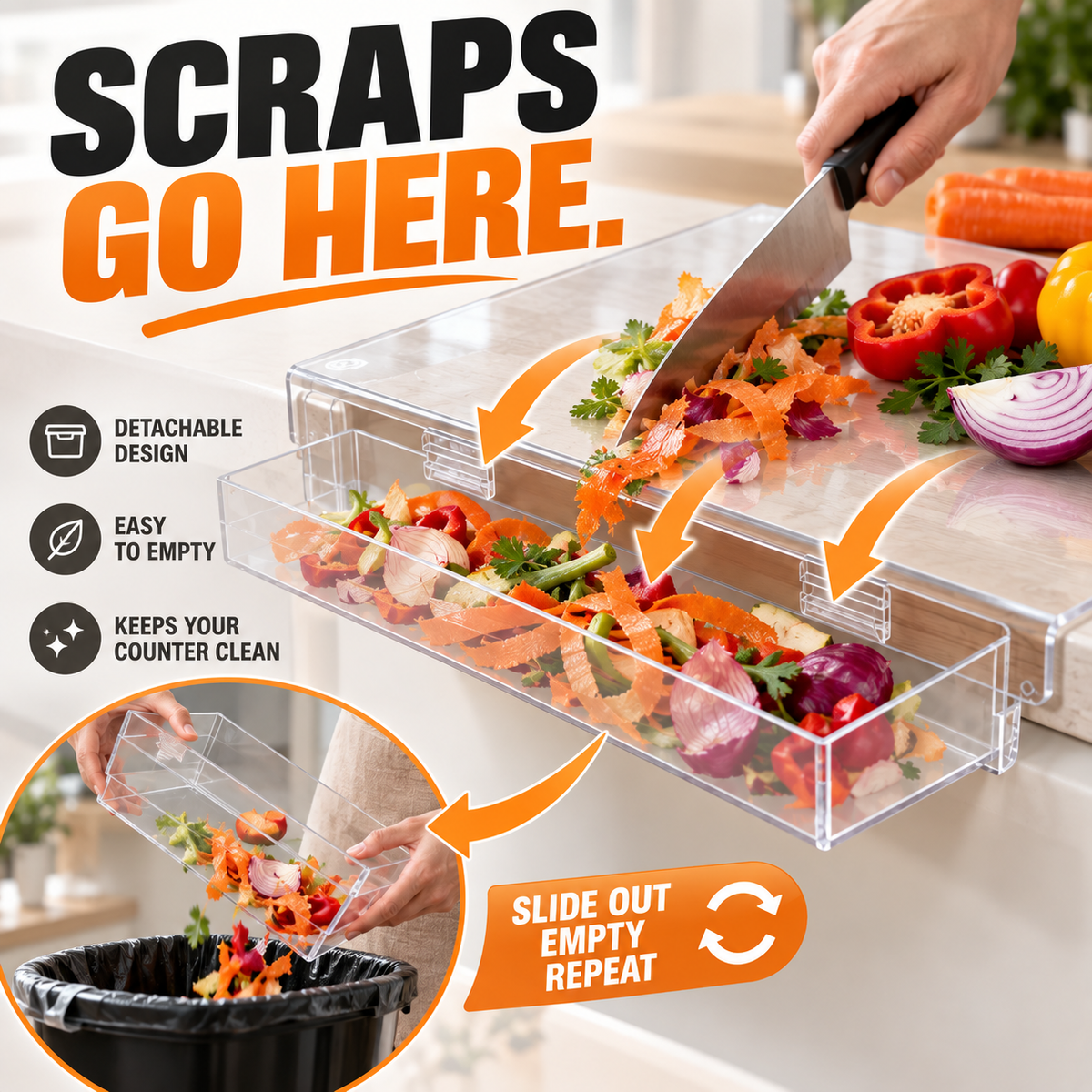 🔪 Acrylic Cutting Board✨ Built-In Waste Container & Counter Lip