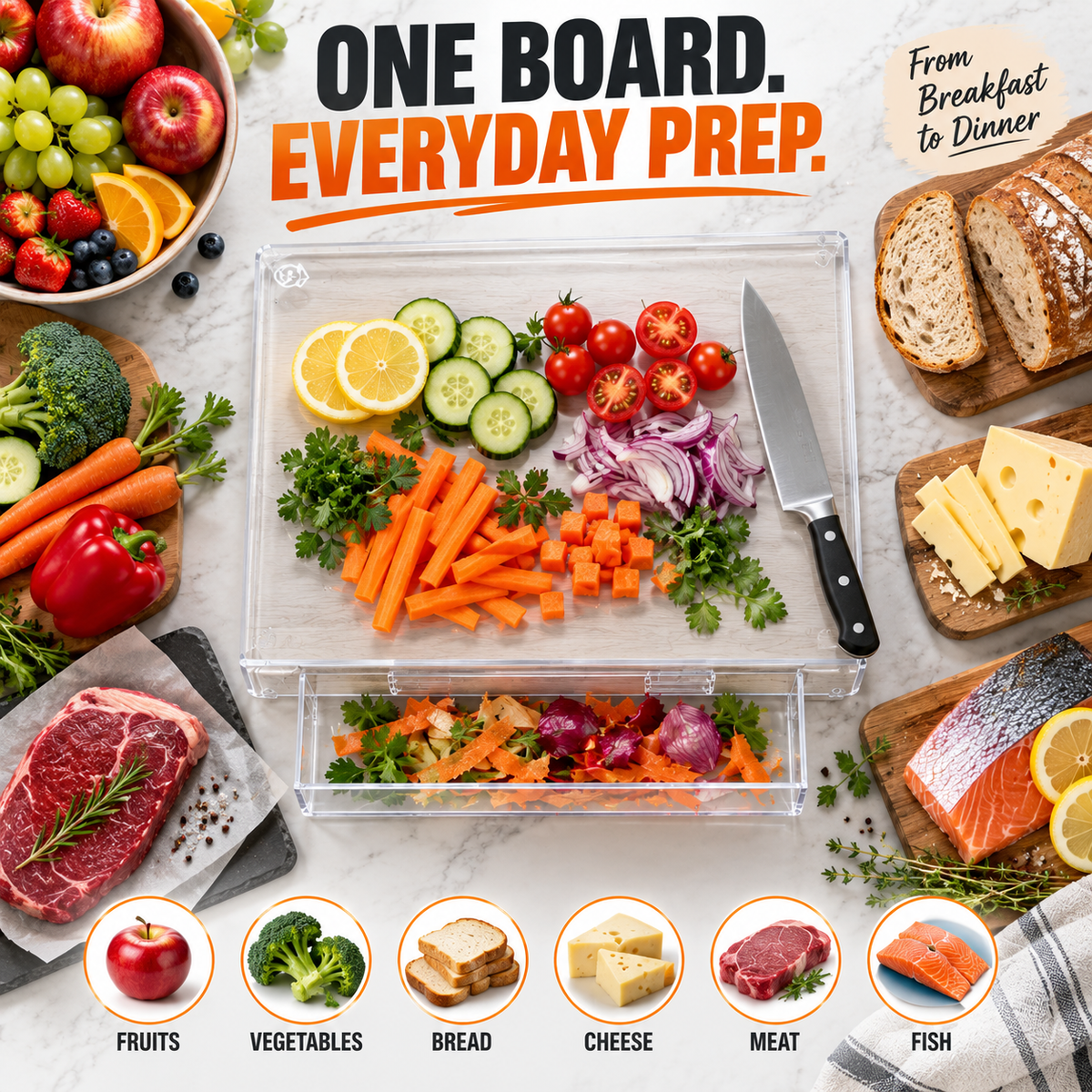 🔪 Acrylic Cutting Board✨ Built-In Waste Container & Counter Lip