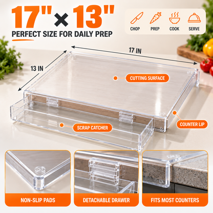 🔪 Acrylic Cutting Board✨ Built-In Waste Container & Counter Lip