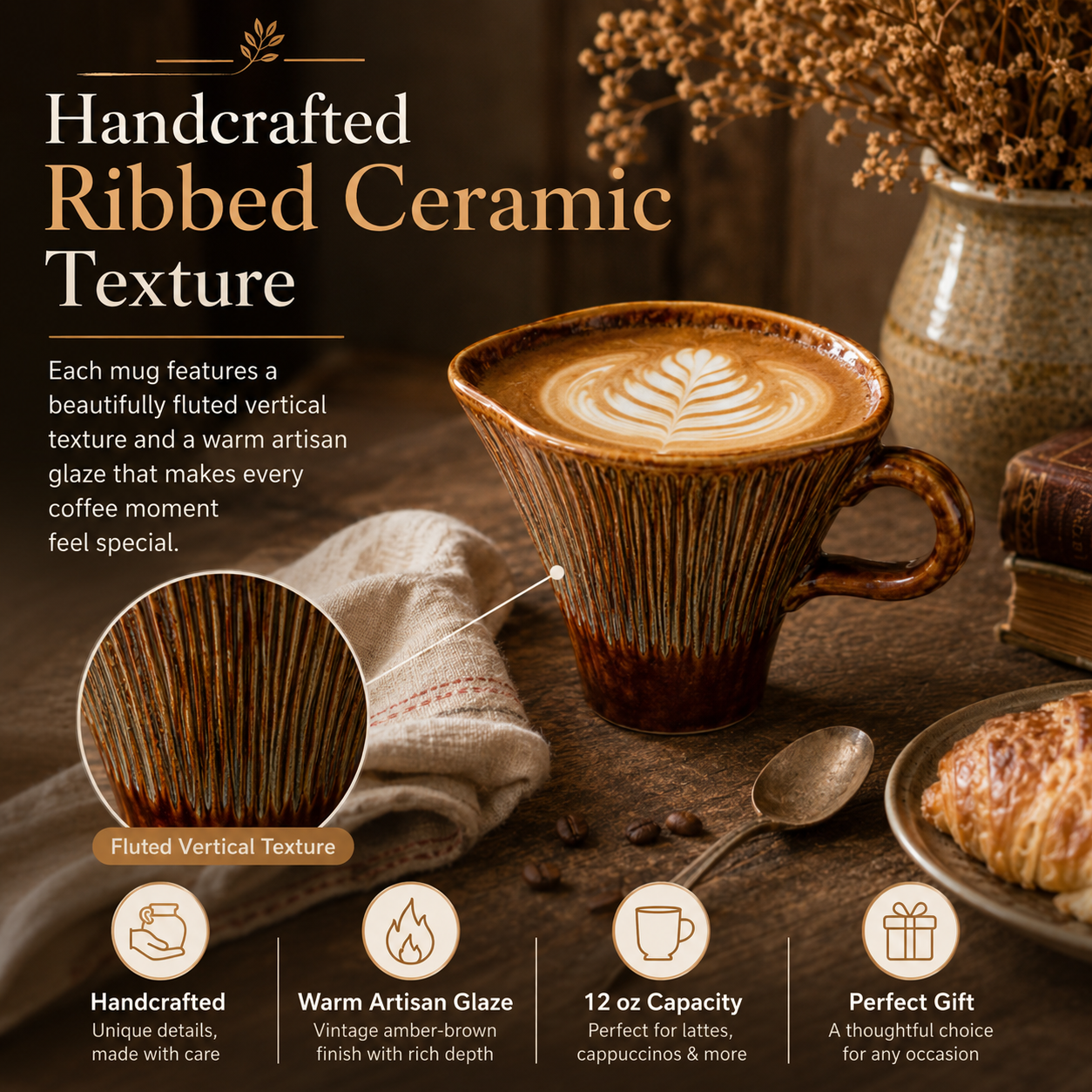 Vintage Ribbed Ceramic Coffee Cup