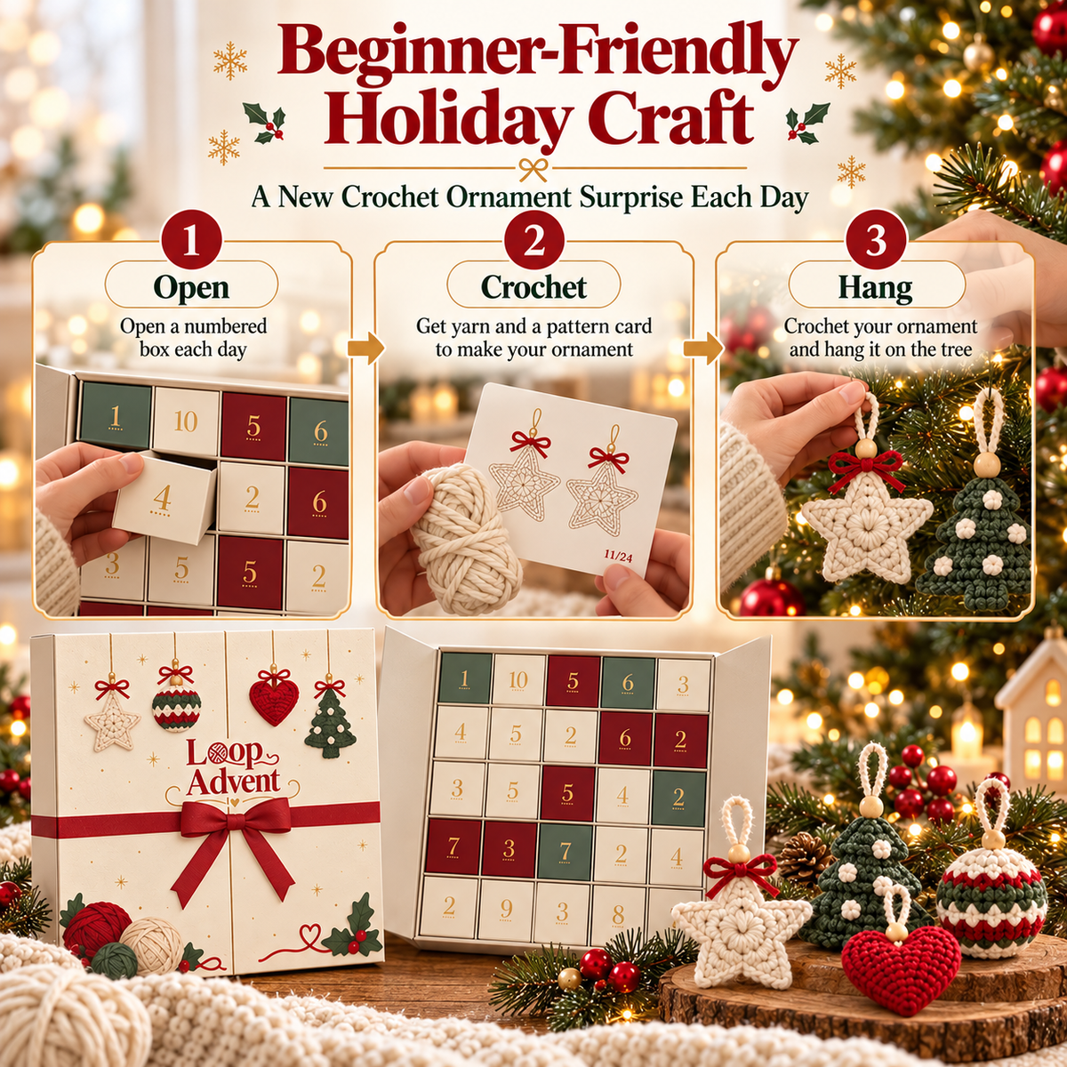 🎄 24-Day Crochet Christmas Advent Calendar – 24 Surprise DIY Ornament Kits to Make & Hang 🧶