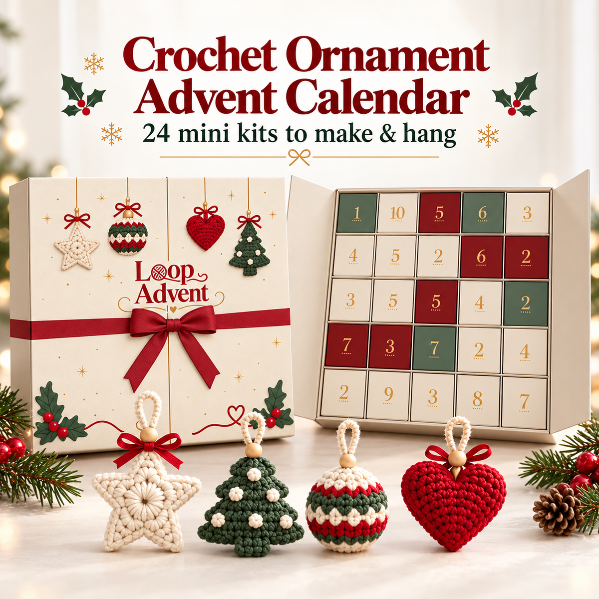🎄 24-Day Crochet Christmas Advent Calendar – 24 Surprise DIY Ornament Kits to Make & Hang 🧶