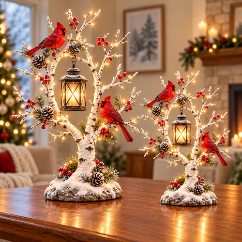 ❤️ Cardinal Winter Lantern Tree™ – Lighted Snowy Birch Tree with Red Cardinals & Hanging Lantern ✨