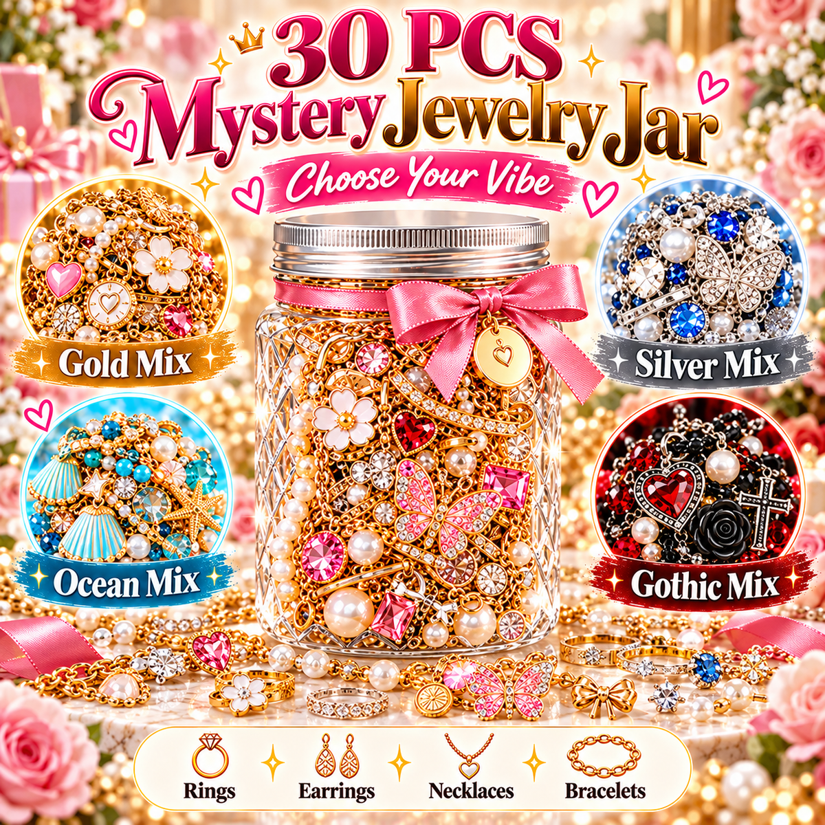 30-Piece Mystery Jewelry Jar – Surprise Rings, Earrings, Necklaces & Bracelets | 4 Style Themes