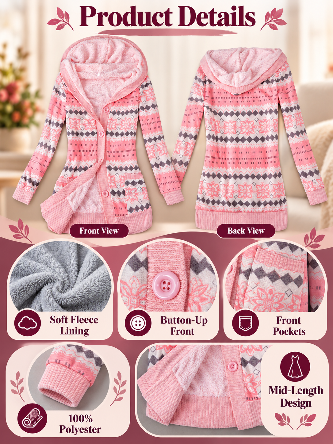 🧥 Women’s Hooded Coat – Thick Knit Printed Jacket, Button-Up Plus Size Mid-Length Outerwear