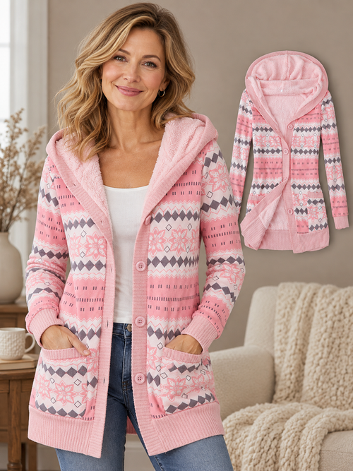 🧥 Women’s Hooded Coat – Thick Knit Printed Jacket, Button-Up Plus Size Mid-Length Outerwear