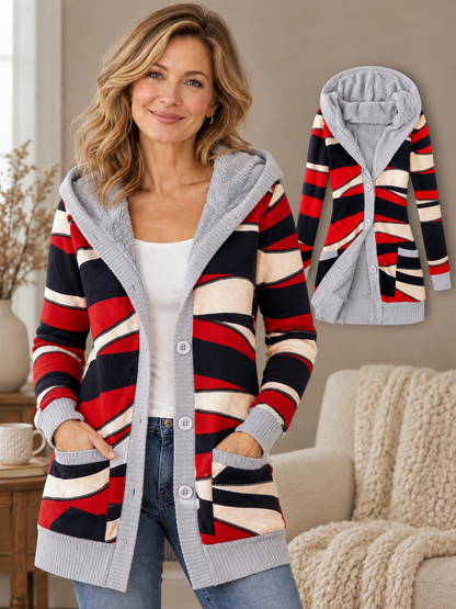 🧥 Women’s Hooded Coat – Thick Knit Printed Jacket, Button-Up Plus Size Mid-Length Outerwear