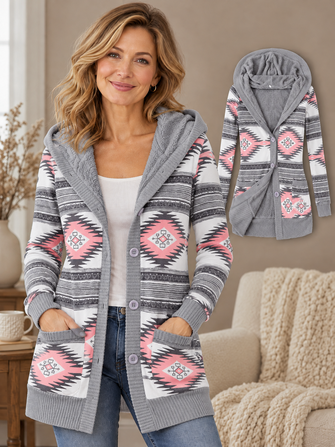 🧥 Women’s Hooded Coat – Thick Knit Printed Jacket, Button-Up Plus Size Mid-Length Outerwear
