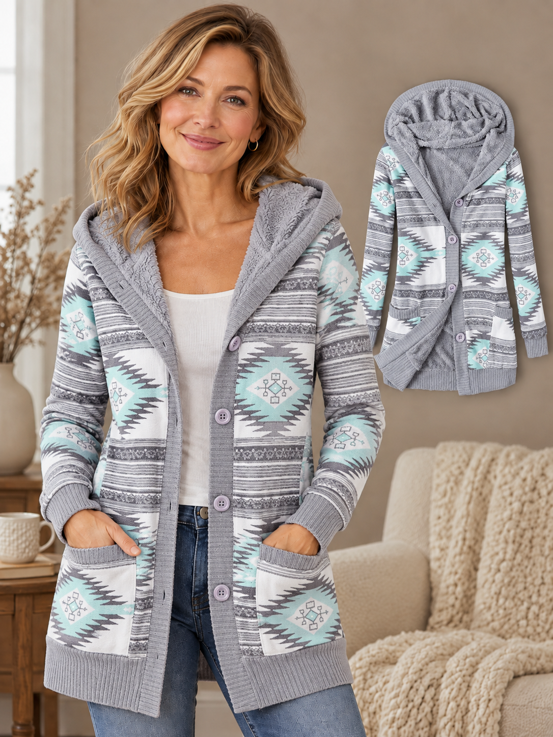 🧥 Women’s Hooded Coat – Thick Knit Printed Jacket, Button-Up Plus Size Mid-Length Outerwear