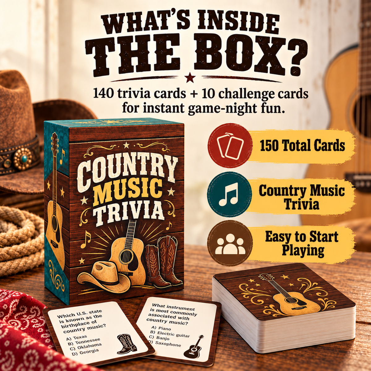 🎸 90s & 2000s Country Music Trivia Game | 150-Card Party Deck