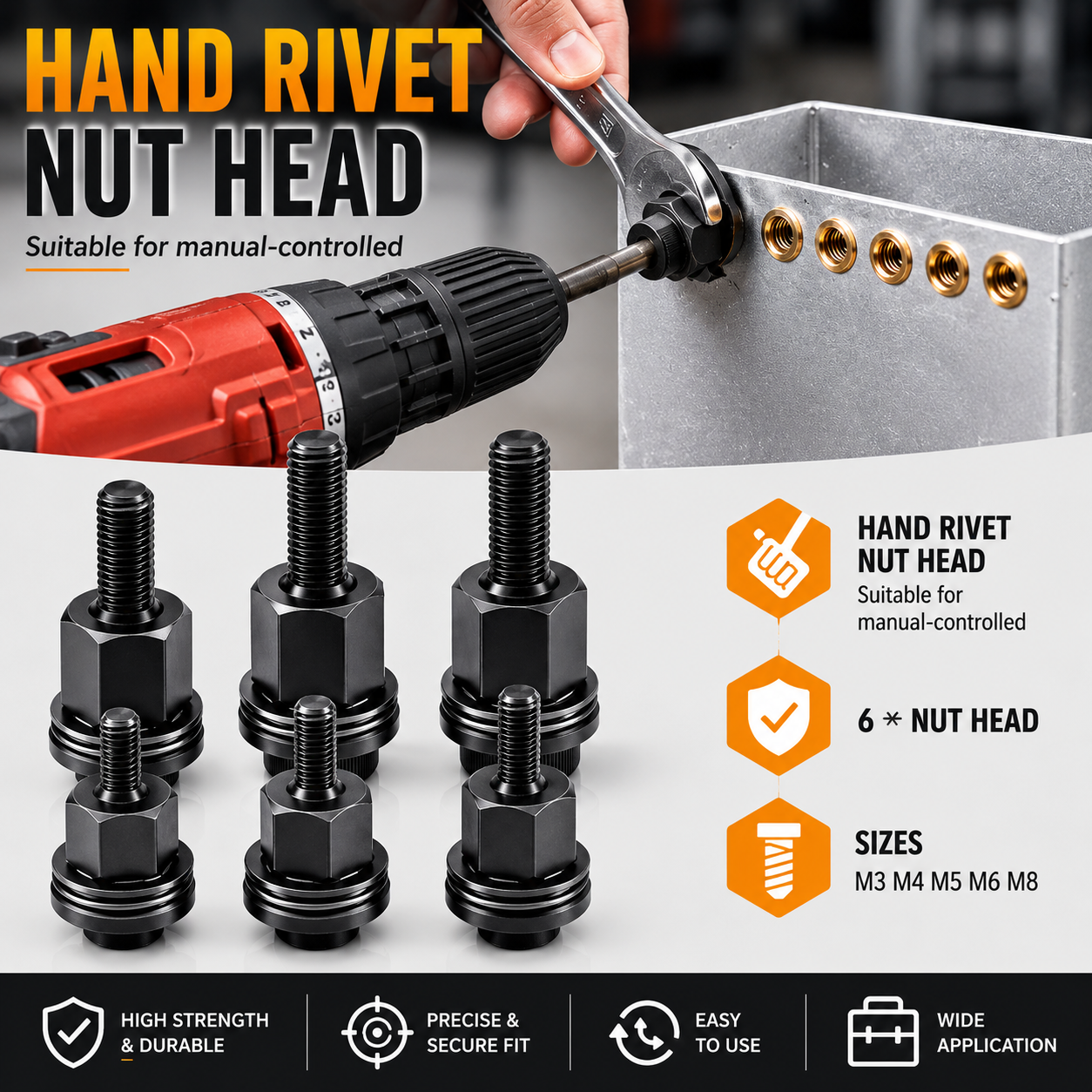 Head Rivet Nut Tool-M3 M4 M5 M6 M8 Rivnut Kit-Carbon Steel Rivnut Set