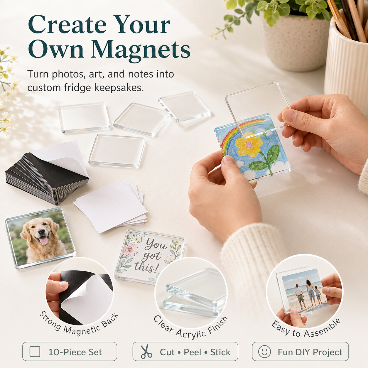 🔥 Hot Sale | 10 Pack 2"x2" Clear Acrylic DIY Fridge Magnets Set with Adhesive Backing