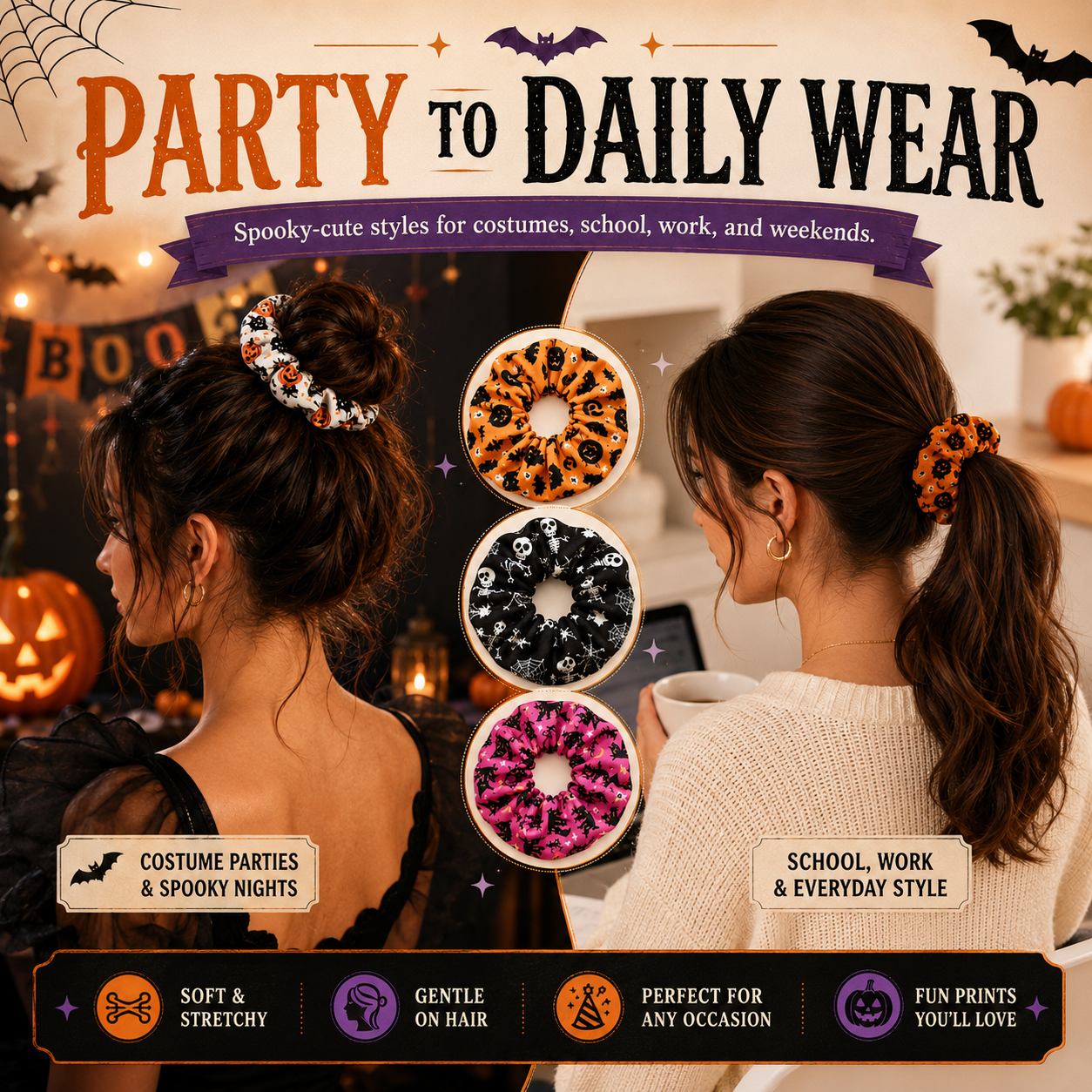 🎃 Hand-Illustrated Halloween Scrunchie Collection