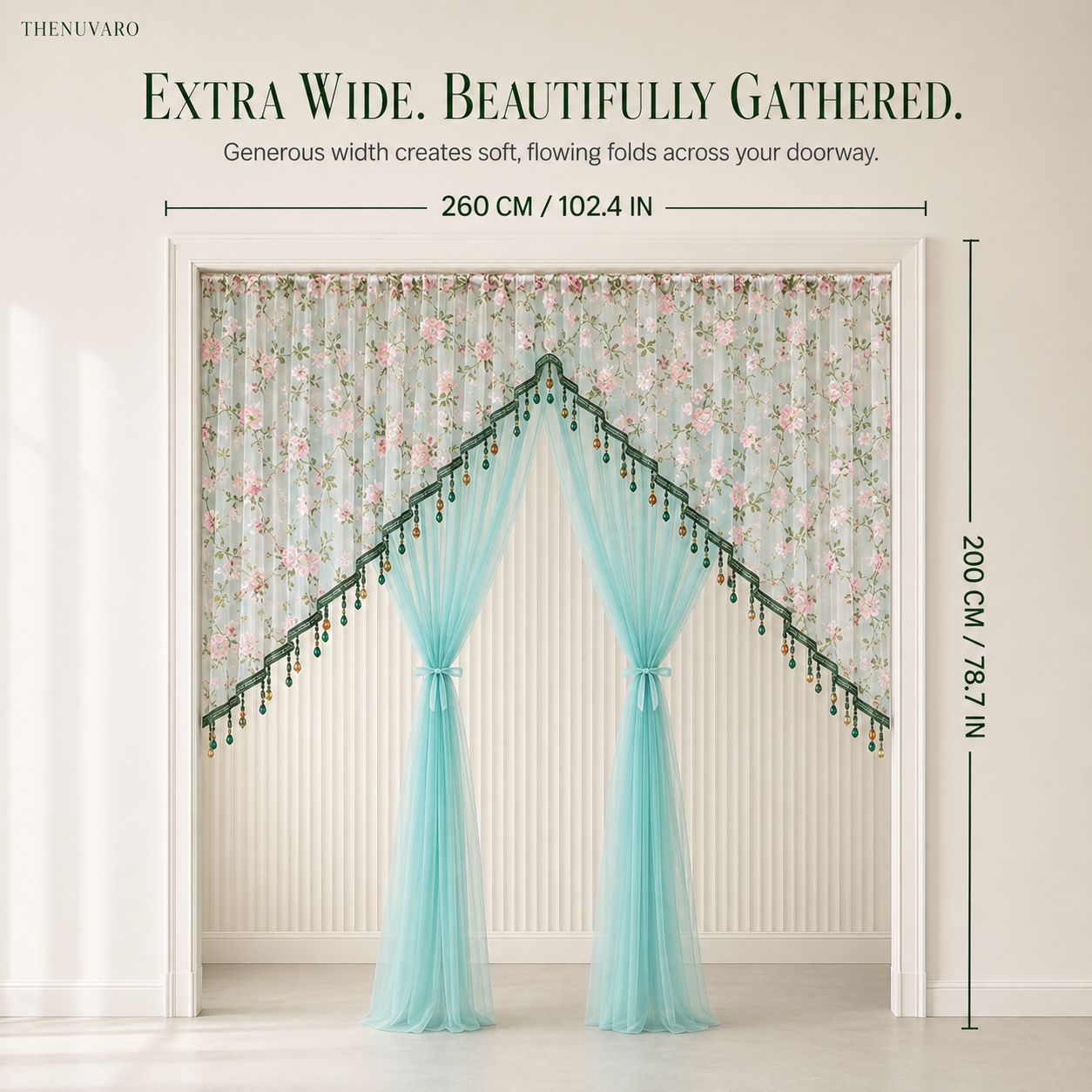 🌸 Extra-Wide Embroidered Beaded Doorway Curtain – Romantic Sheer Tie-Back Divider