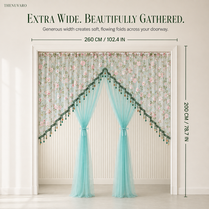 🌸 Extra-Wide Embroidered Beaded Doorway Curtain – Romantic Sheer Tie-Back Divider