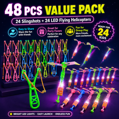 🚁 10-Pack LED Flying Set – Helicopters + Slingshots, Glow in the Dark