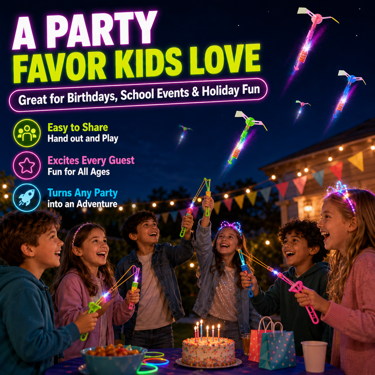 🚁 10-Pack LED Flying Set – Helicopters + Slingshots, Glow in the Dark