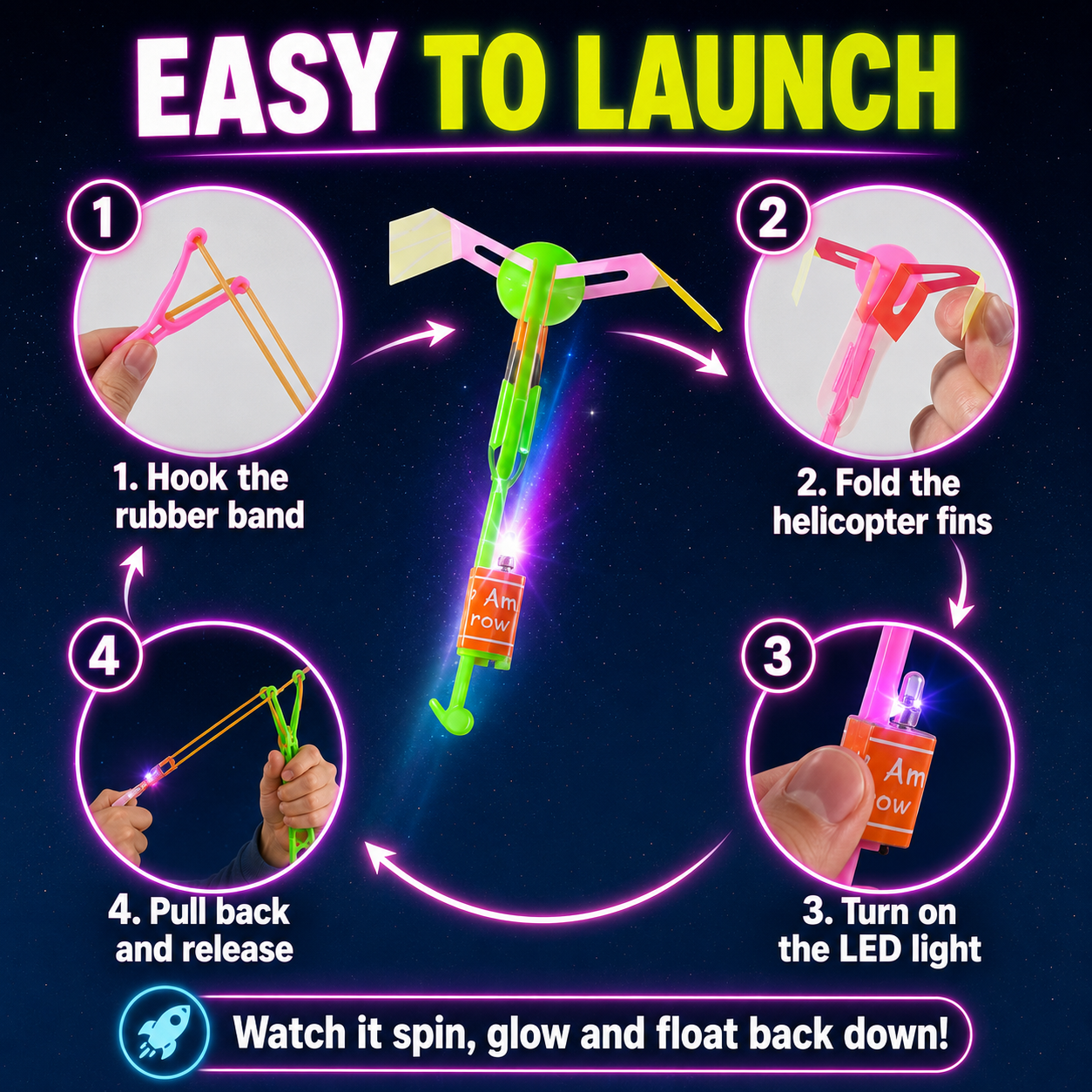 🚁 10-Pack LED Flying Set – Helicopters + Slingshots, Glow in the Dark