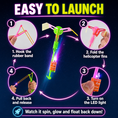 🚁 10-Pack LED Flying Set – Helicopters + Slingshots, Glow in the Dark