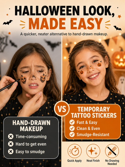 🎃 Halloween Style ✨ Pumpkin, Bat & Moon Temporary Face Tattoo Stickers for Spooky Party Looks