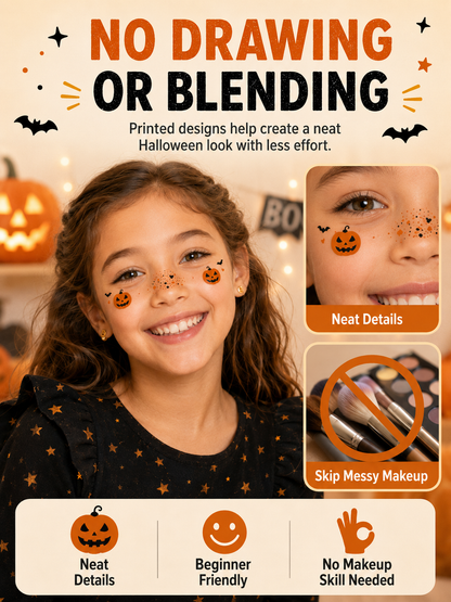 🎃 Halloween Style ✨ Pumpkin, Bat & Moon Temporary Face Tattoo Stickers for Spooky Party Looks