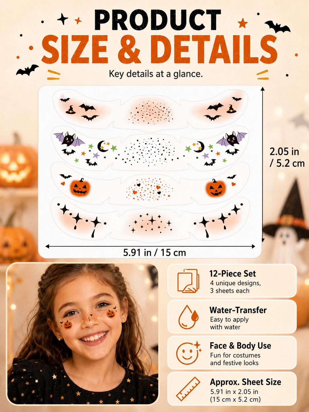 🎃 Halloween Style ✨ Pumpkin, Bat & Moon Temporary Face Tattoo Stickers for Spooky Party Looks