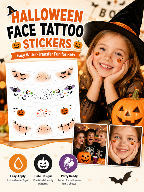 🎃 Halloween Style ✨ Pumpkin, Bat & Moon Temporary Face Tattoo Stickers for Spooky Party Looks