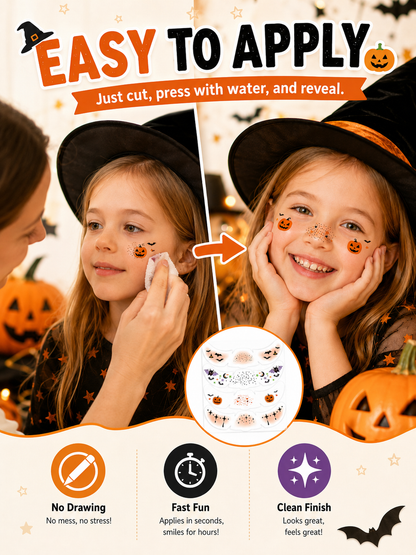 🎃 Halloween Style ✨ Pumpkin, Bat & Moon Temporary Face Tattoo Stickers for Spooky Party Looks