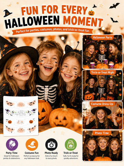 🎃 Halloween Style ✨ Pumpkin, Bat & Moon Temporary Face Tattoo Stickers for Spooky Party Looks