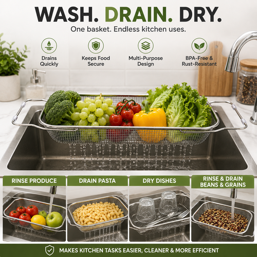 🔥Expandable Over-the-Sink Colander Basket – Wash, Drain & Dry with Ease