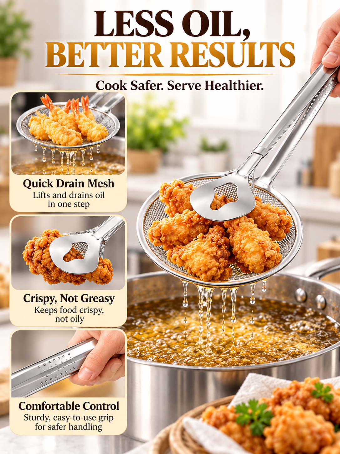 🍳 Kitchen Deal – 2-in-1 Frying Strainer Tongs 🥢 Stainless Steel Skimmer for Easy Oil Draining & Serving 🍤