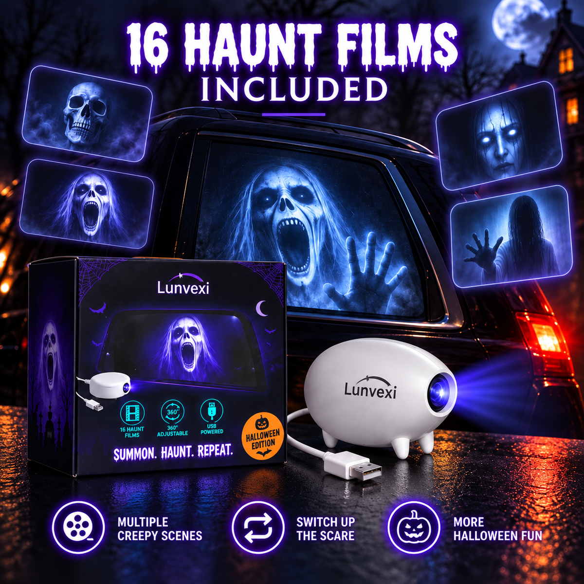 🎃 Halloween Window Projector 👻 16 Spooky Films USB Powered Holiday Decor